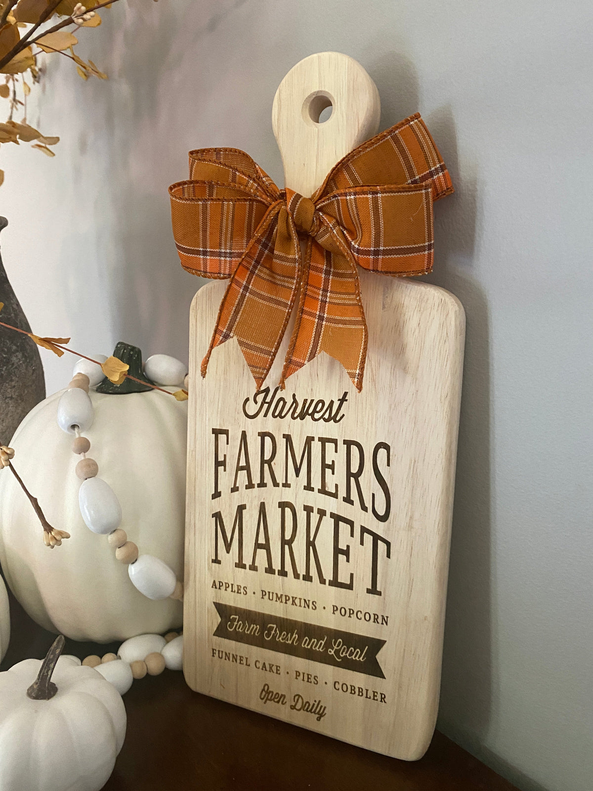 Graceful Creations by Graciela decorative wooden cutting board with Farmers Market engraving and plaid autumn bow