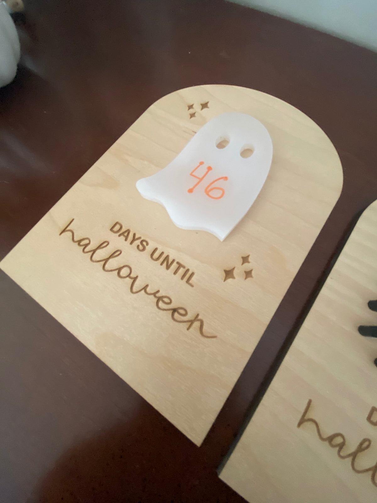 Graceful Creations by Graciela birch wood Halloween countdown sign with a white acrylic ghost and star cutouts