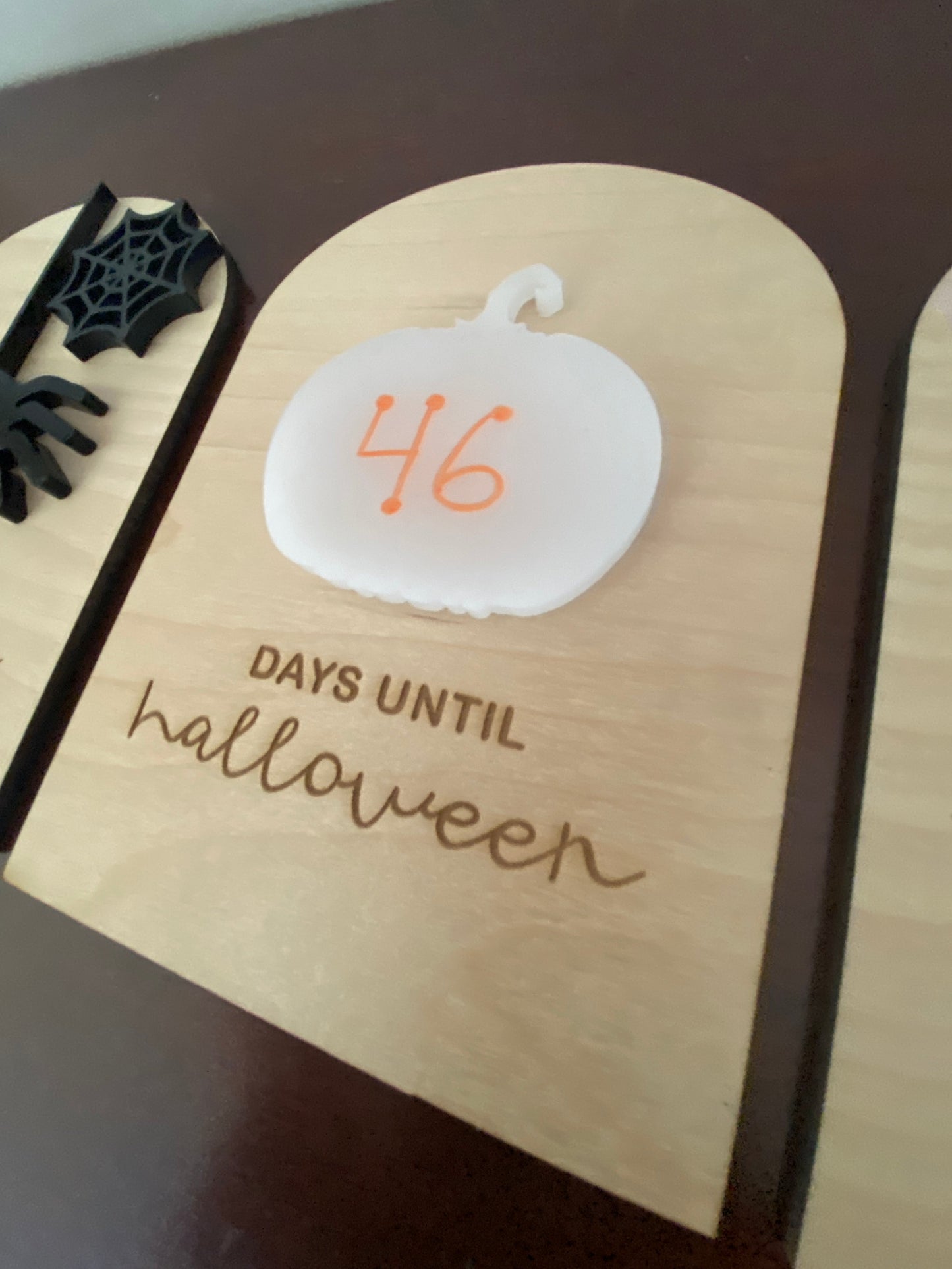 Graceful Creations by Graciela birch wood Halloween countdown sign with an acrylic pumpkin and engraved text