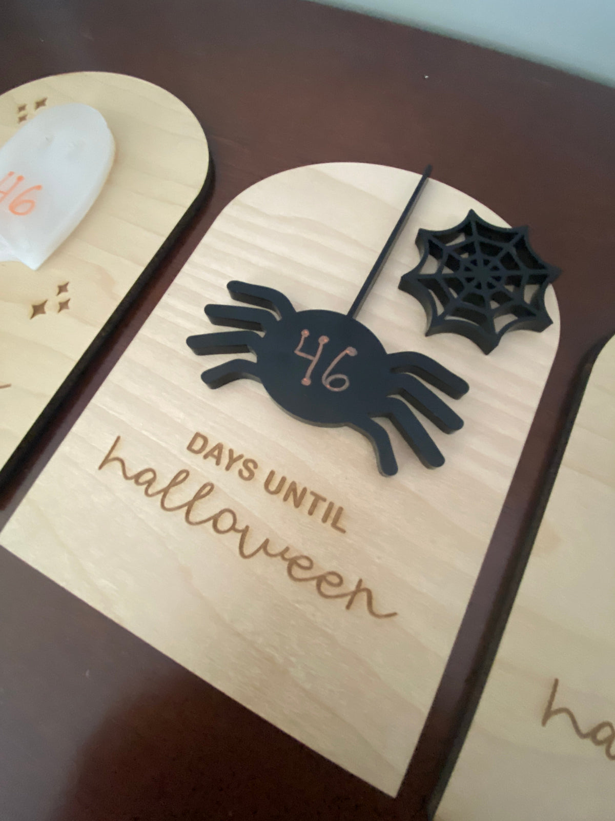 Graceful Creations by Graciela birch wood Halloween countdown sign with a black acrylic spider and web design