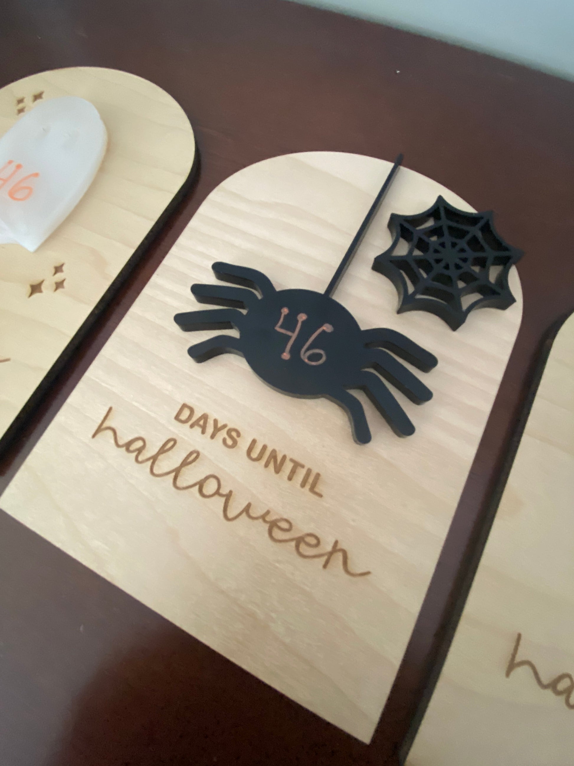 Graceful Creations by Graciela birch wood Halloween countdown sign with a black acrylic spider and web design