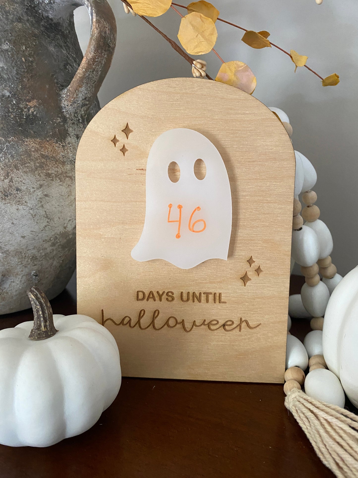 Graceful Creations by Graciela birch wood Halloween countdown sign with a ghost acrylic piece and engraved text.