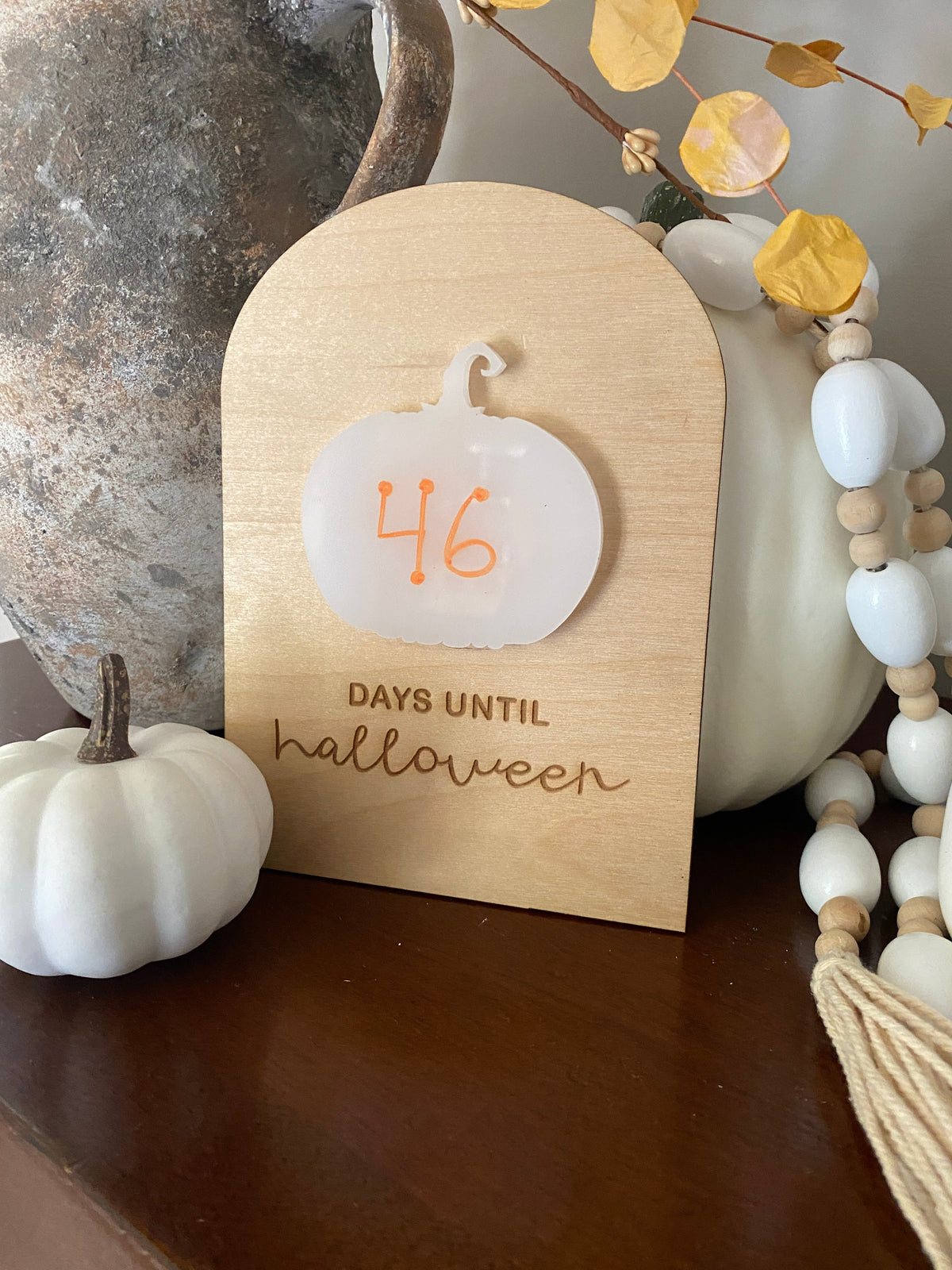 Graceful Creations by Graciela birch wood Halloween countdown sign with an acrylic pumpkin and engraved text