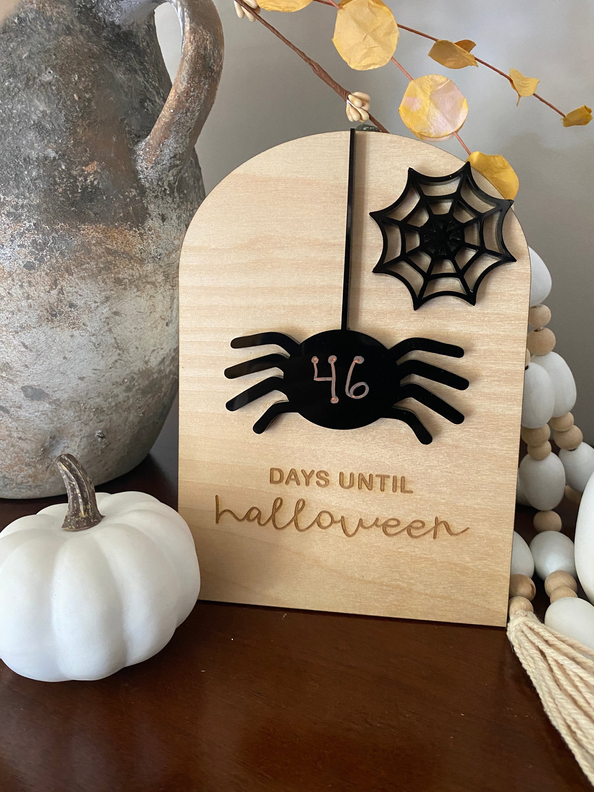 Graceful Creations by Graciela birch wood Halloween countdown sign with black acrylic spider and web decor