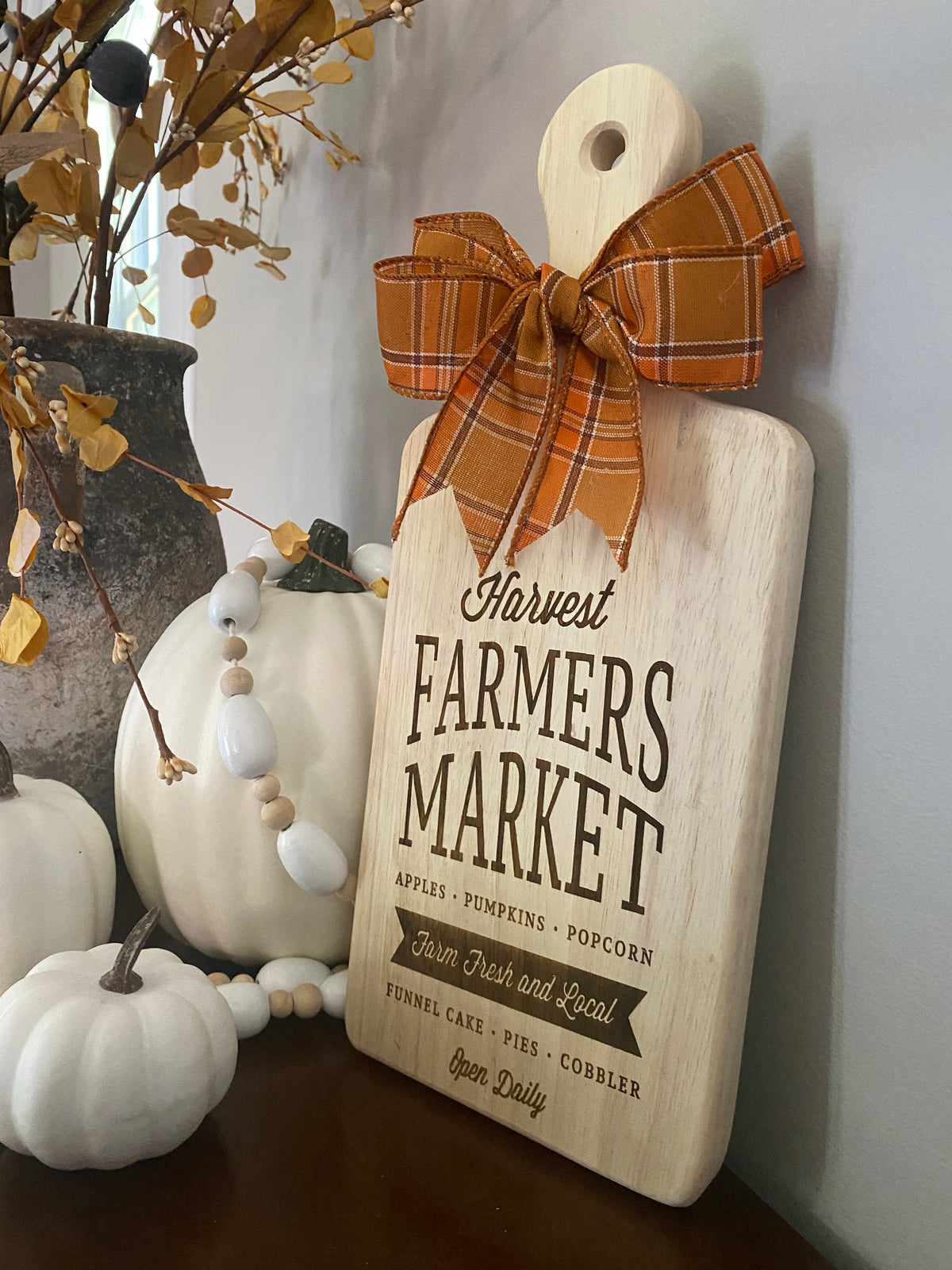Graceful Creations by Graciela decorative wooden cutting board with harvest farmers market engraving and plaid bow