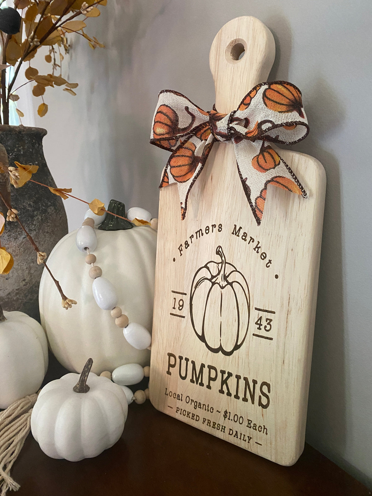 Graceful Creations by Graciela wooden cutting board with pumpkin engraving and decorative ribbon for fall kitchen decor