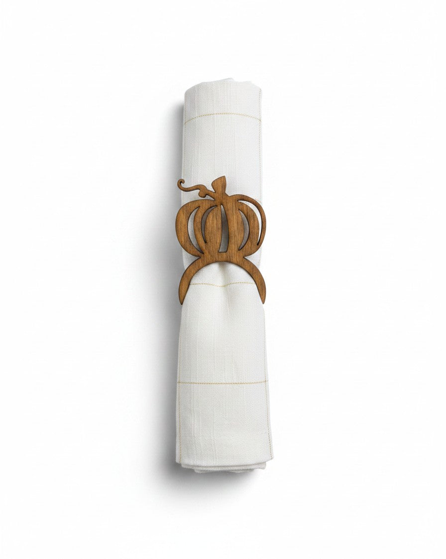 Graceful Creations by Graciela wooden pumpkin napkin ring holding a white linen napkin for Thanksgiving table decor
