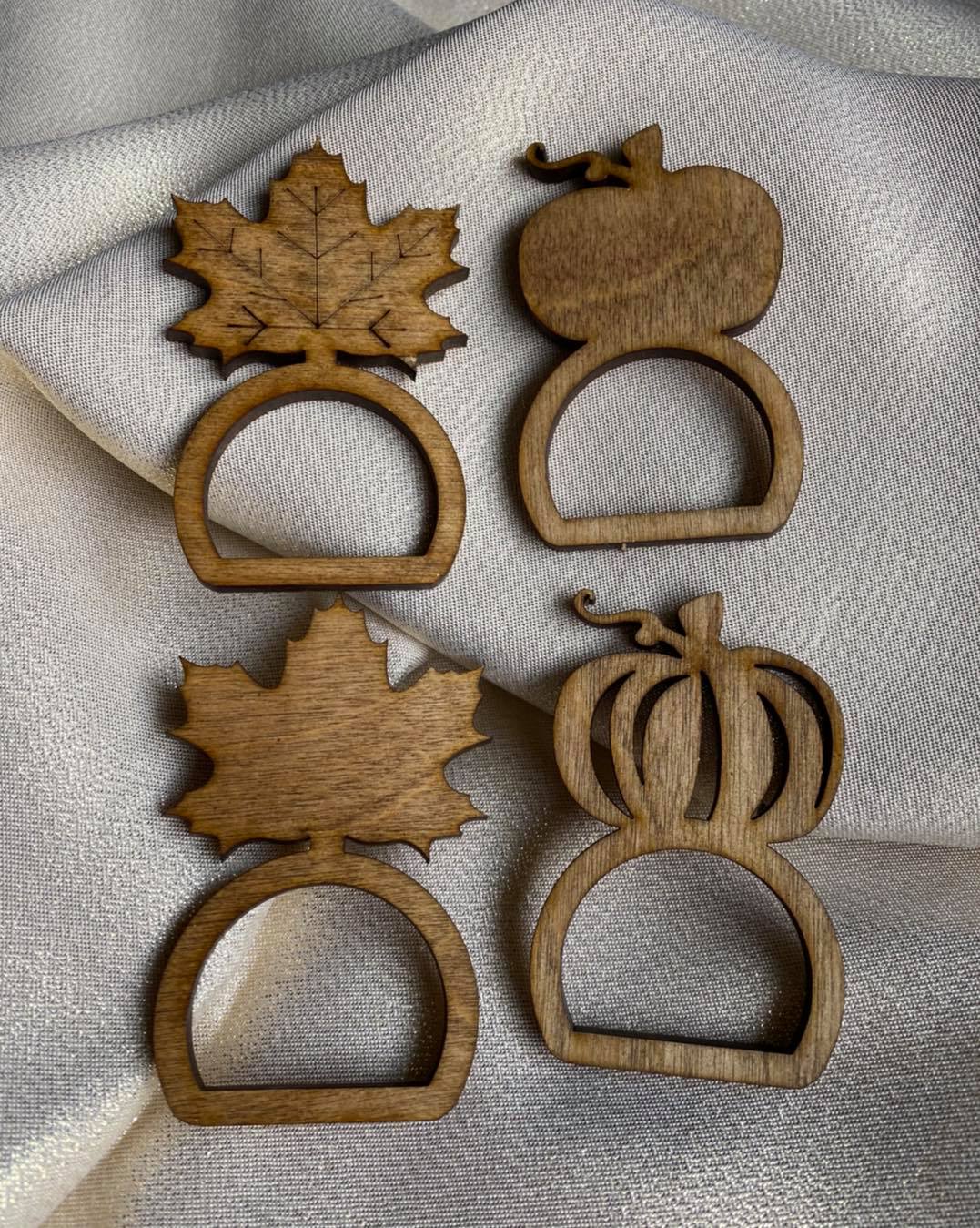Graceful Creations by Graciela handcrafted wood Thanksgiving napkin rings in maple leaf and pumpkin shapes